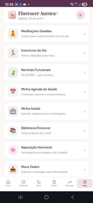Menu de recursos completos do App Florescer